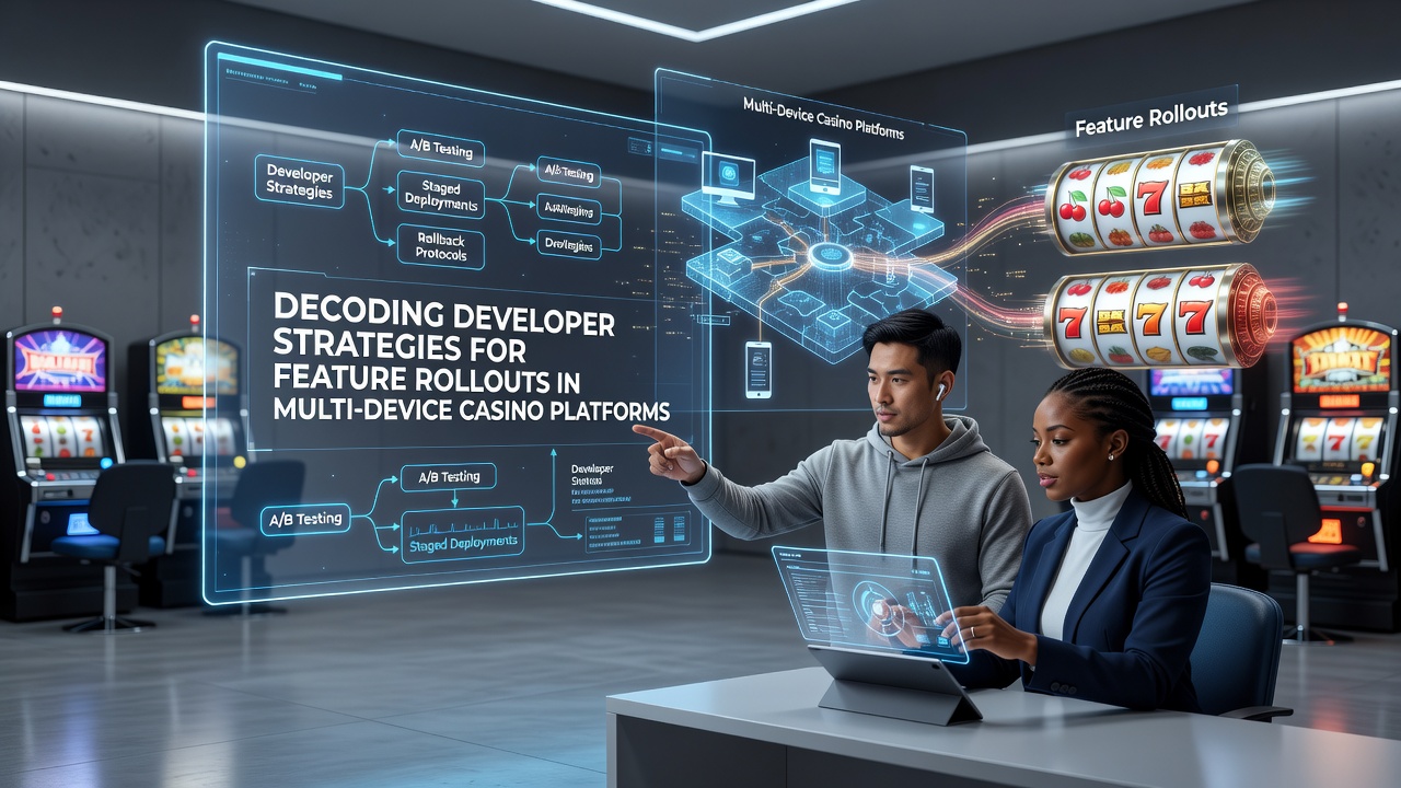 Developers analyzing multi-device casino platform interfaces on multiple screens