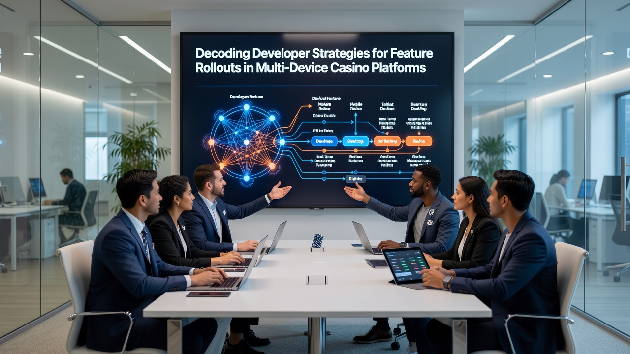 Multi-device testing setup showing casino apps running on phones, tablets, and desktops