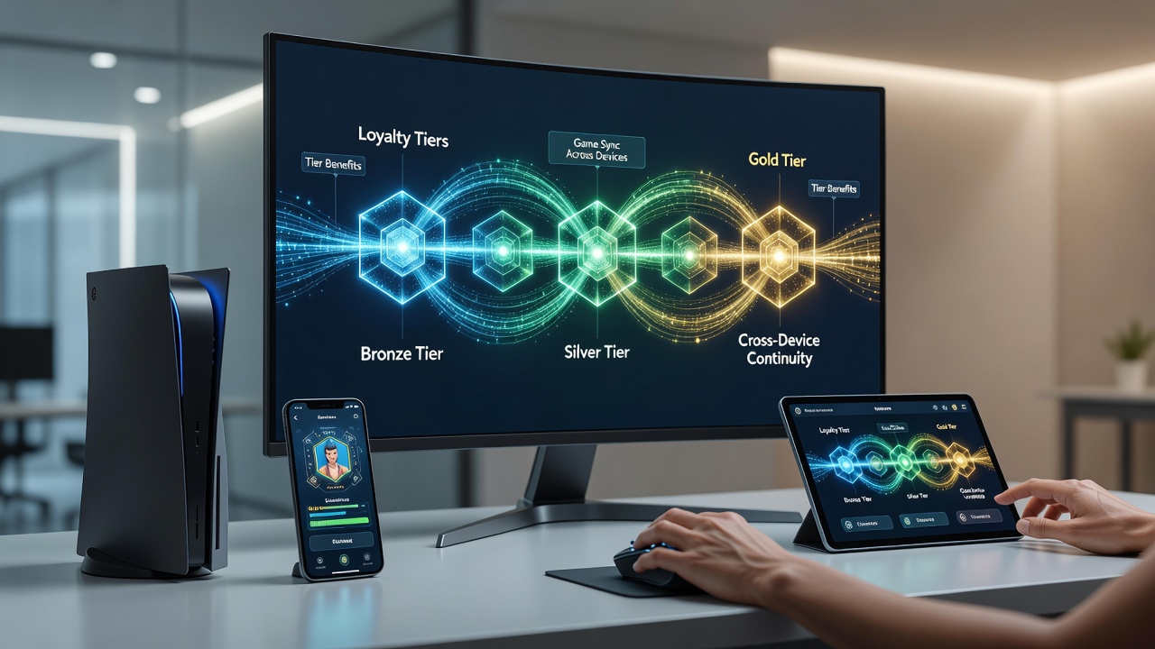 Loyalty program interface displayed across multiple devices including smartphone tablet and desktop showing tier progression indicators