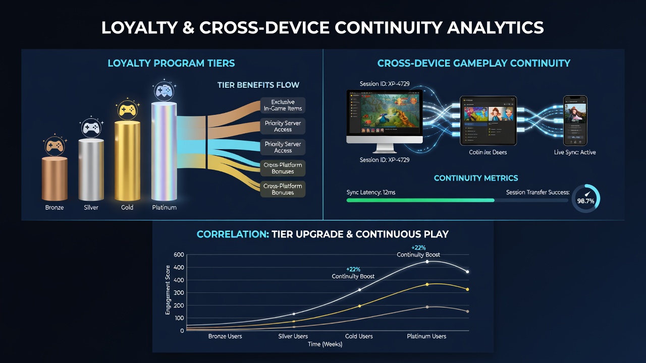 Data visualization dashboard tracking loyalty tier upgrades alongside cross-device session continuity metrics over time