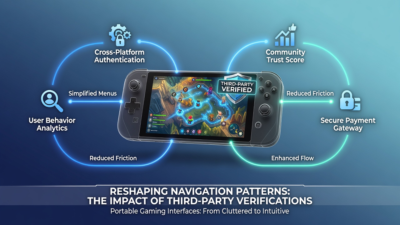 Close-up of a portable gaming app with third-party certification icons influencing menu flow and user selections