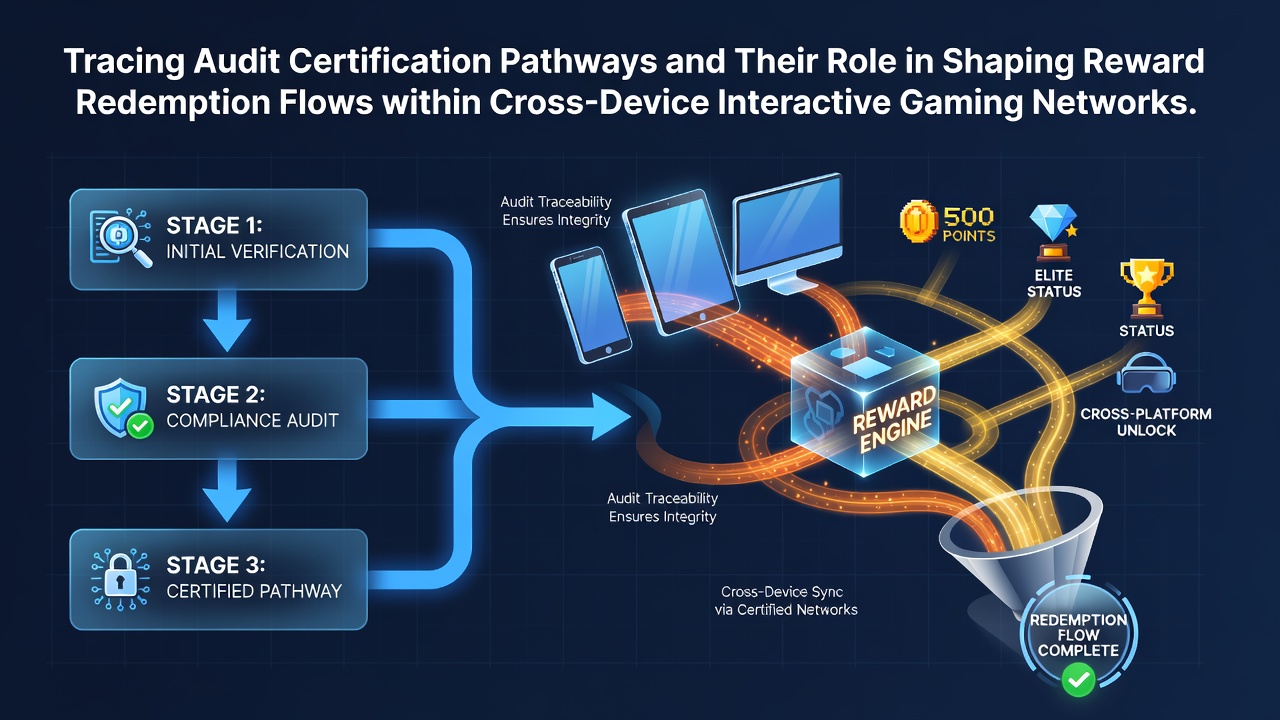 Audit certification pathways diagram showing reward redemption flows across gaming devices