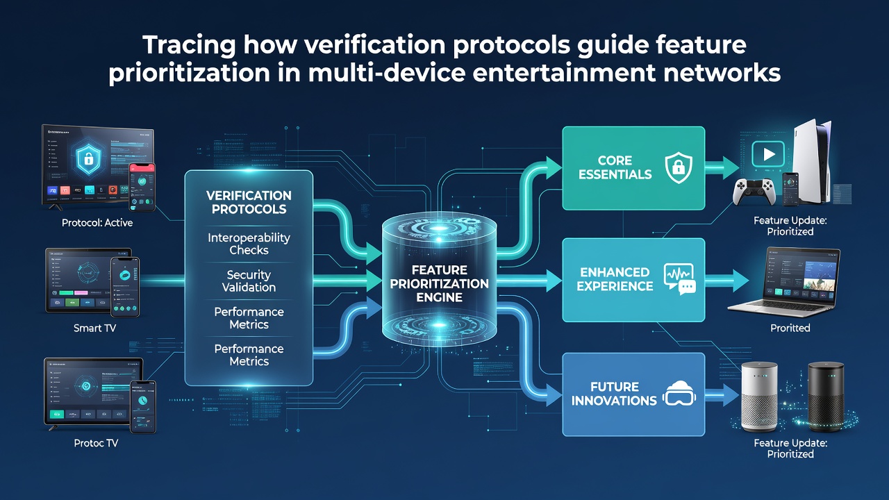 Multi-device entertainment network diagram showing verification checkpoints across mobile, tablet, and desktop platforms
