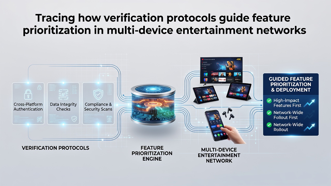 Verification protocol flowchart illustrating security checks guiding feature rollout across entertainment platforms