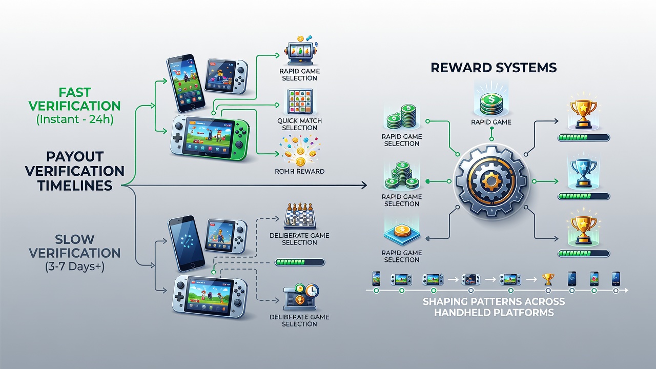 Handheld gaming device displaying integrated reward system and payout options on screen